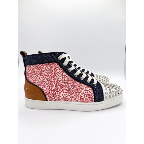Mens Christian Louboutin Men's Spike Floral Print Denim High-Top Sneakers Sz 41 - Picture 3 of 13